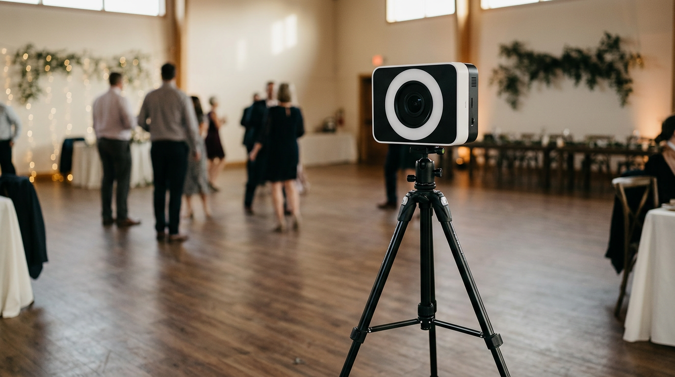 A standalone open-air digital photography kiosk set up on a tripod in a spacious event venue.