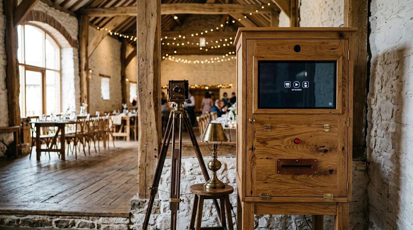 A bespoke oak-cased photo booth cabinet with a built-in digital screen situated in a rustic indoor event space.