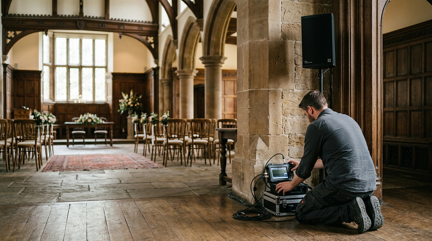 A technician calibrates professional sound equipment inside a historic venue with prominent stone architectural details.