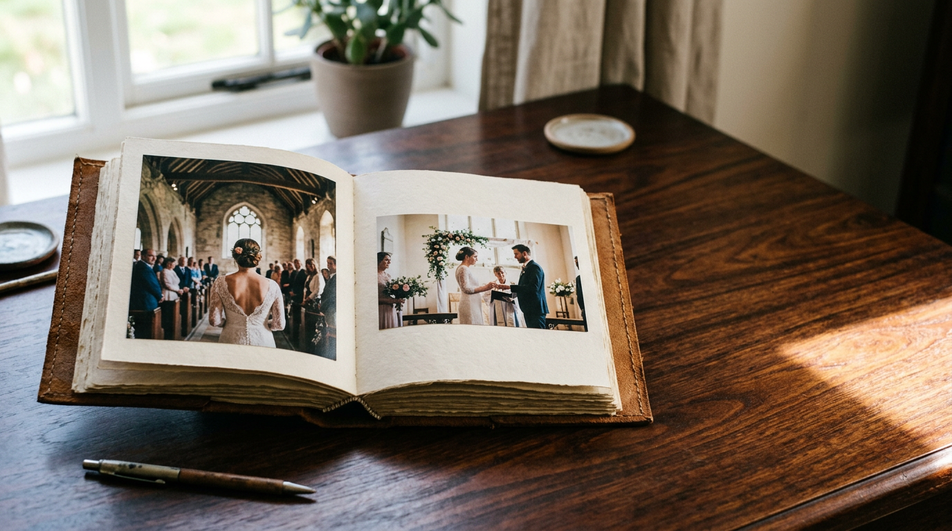 An open leather wedding album showing high-quality printed photographs resting on a wooden table.