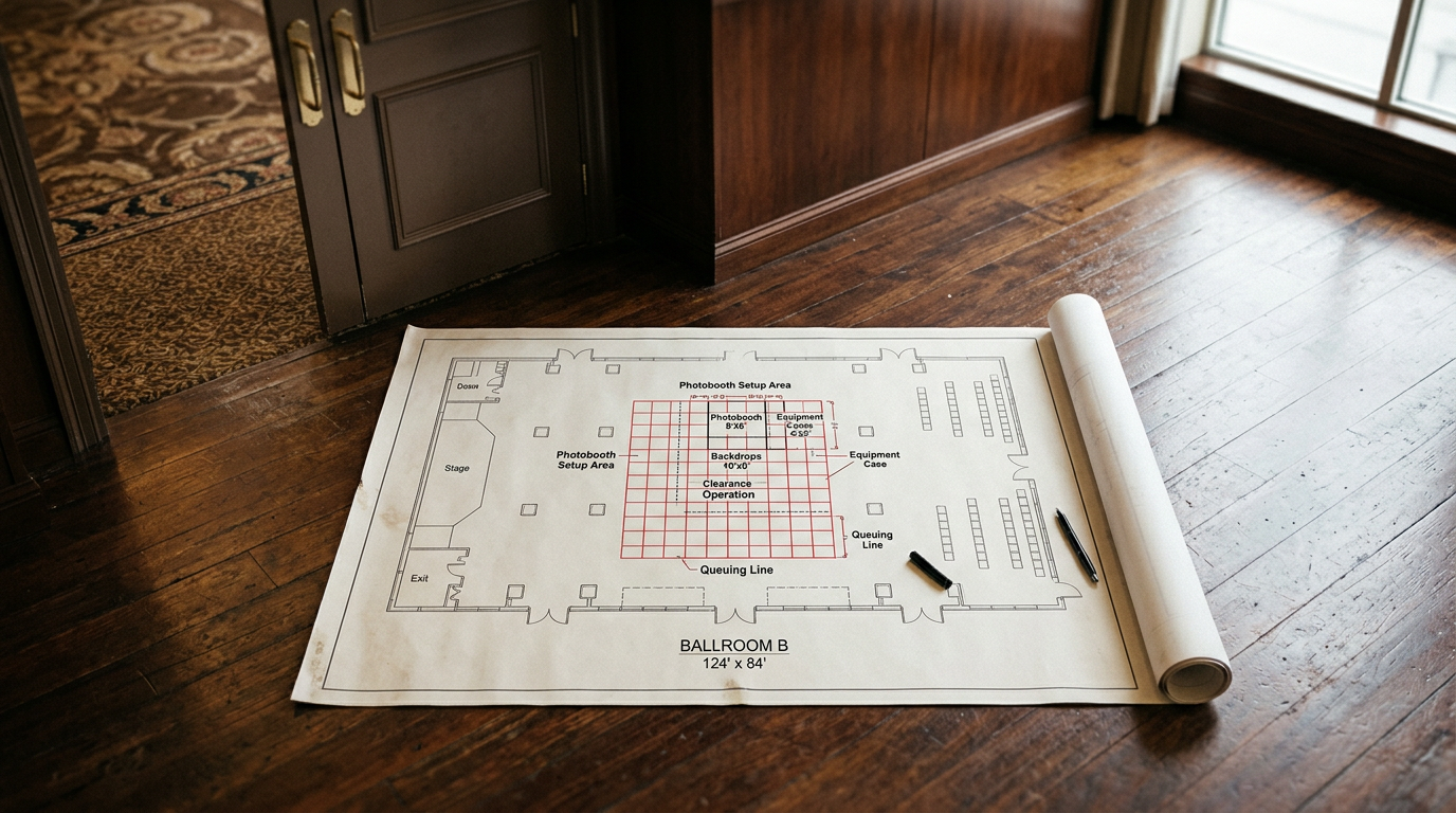 A detailed floor plan showing the required operational footprint for a photobooth setup on a hotel ballroom floor.