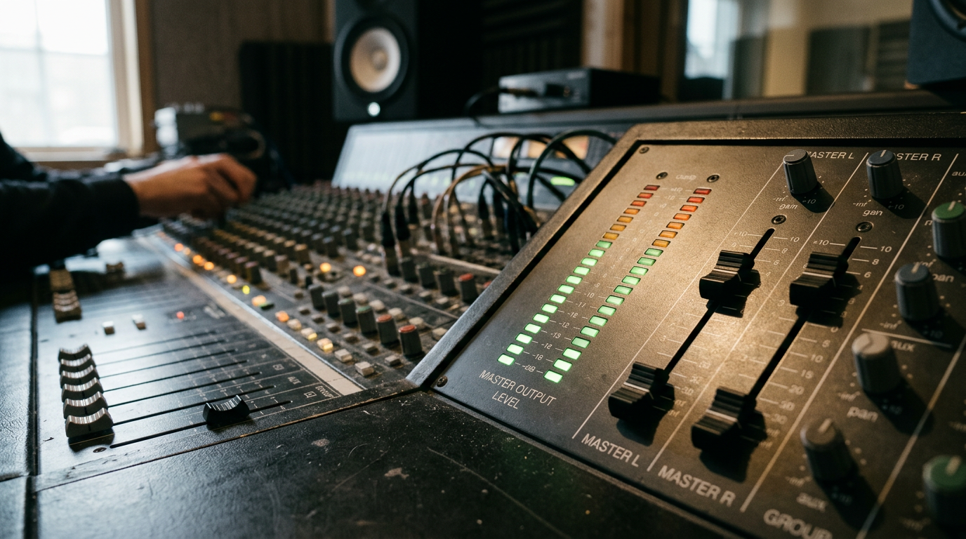 A close-up view of audio mixer output level meters showing green signal indicators well away from the red clipping zone.