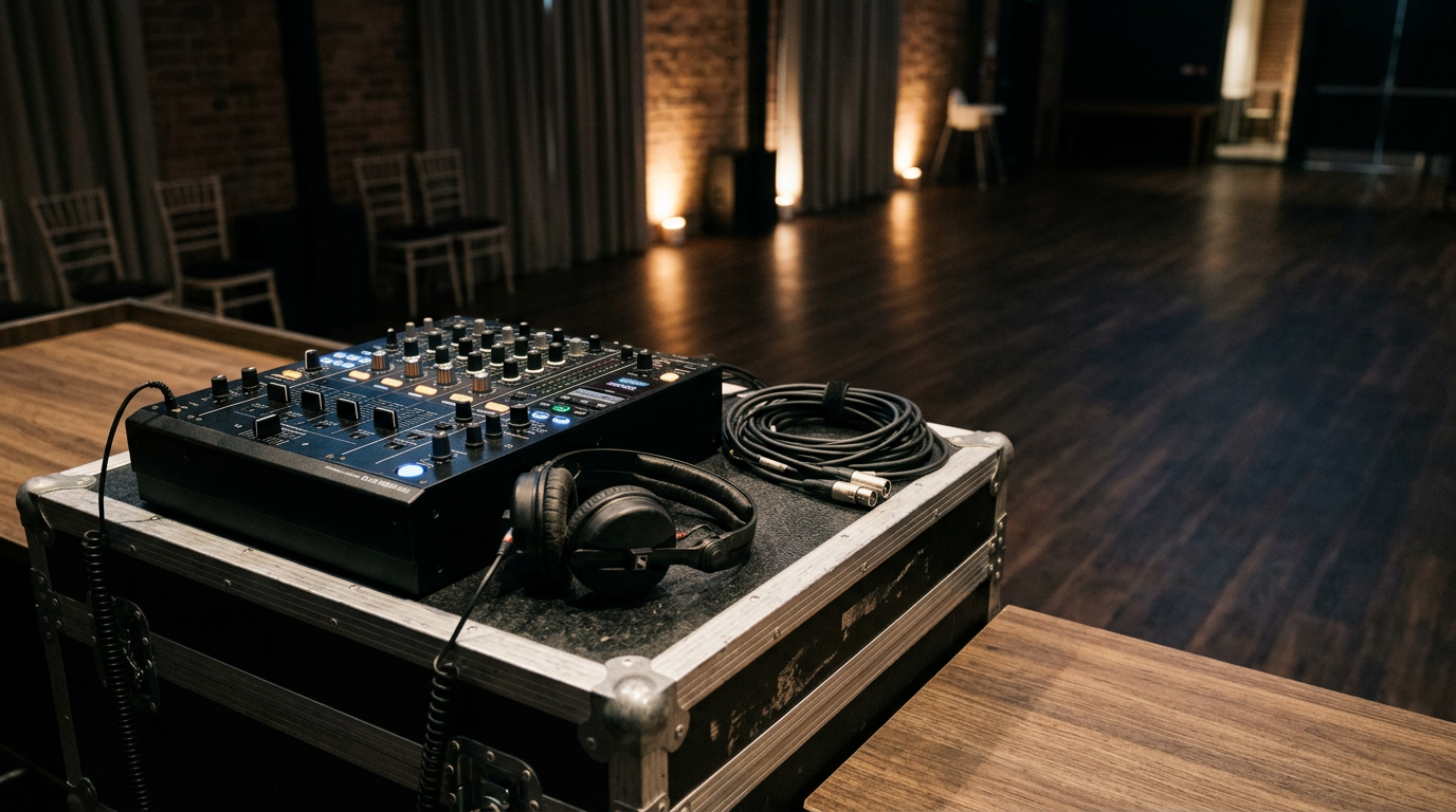 A professional DJ mixing desk with headphones and coiled audio cables sitting on a flight case in a darkened room.
