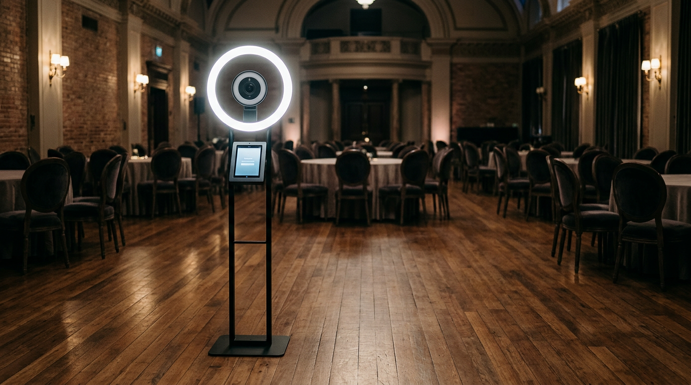 A contemporary selfie pod booth equipped with a circular ring light positioned in an empty events room.