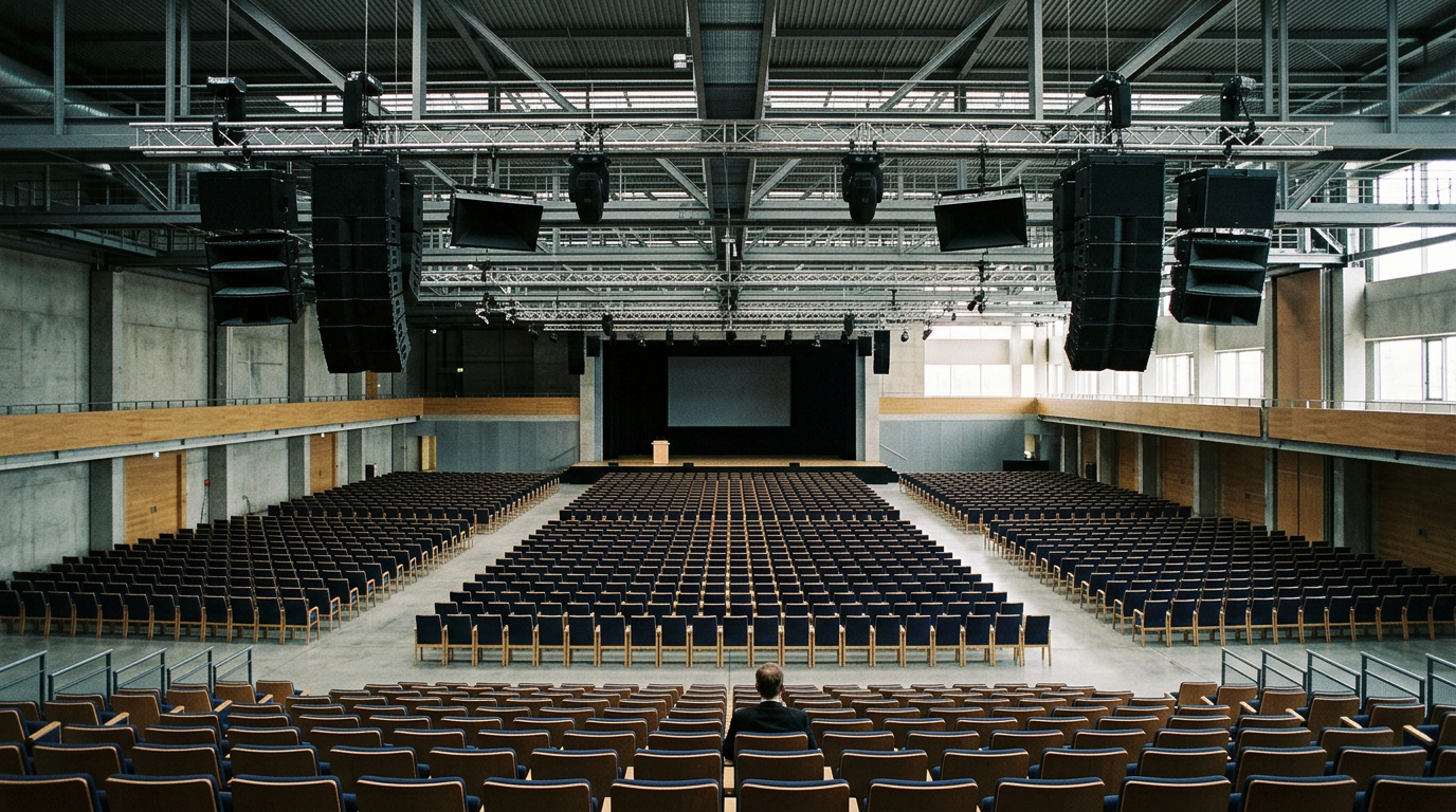 A series of ceiling-mounted speakers are suspended at intervals across a large event hall to ensure even sound distribution.