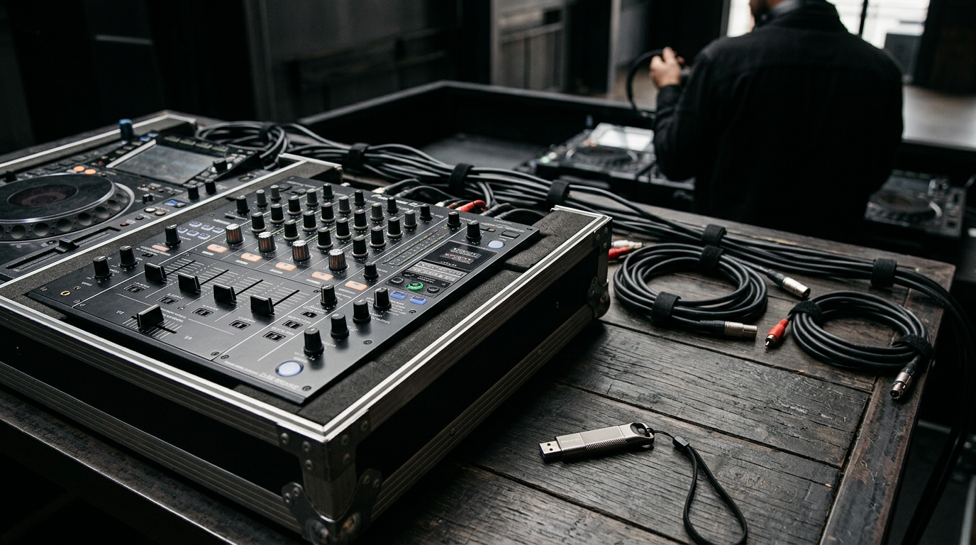 A professional DJ mixing console sits next to a USB drive on a dark surface, highlighting the essential technical equipment for a corporate event.