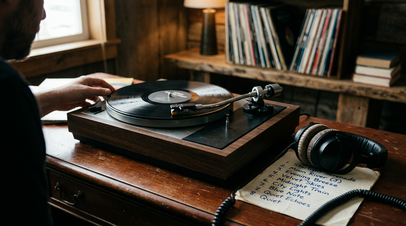 A professional DJ turntable and headphones sit on a wooden desk with a handwritten list of songs.