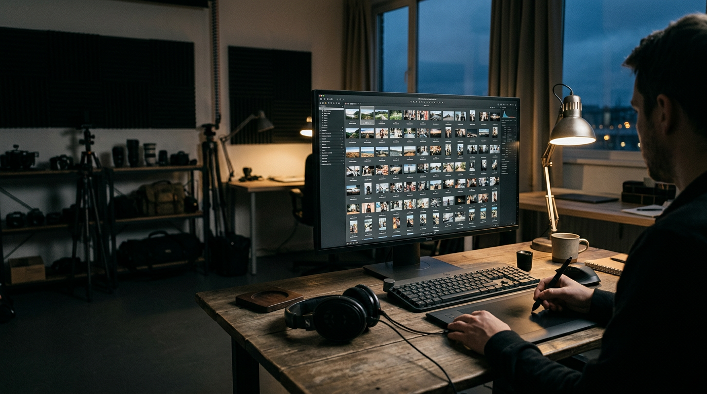 A professional digital editing suite showing an extensive grid of wedding photographs on a computer monitor.