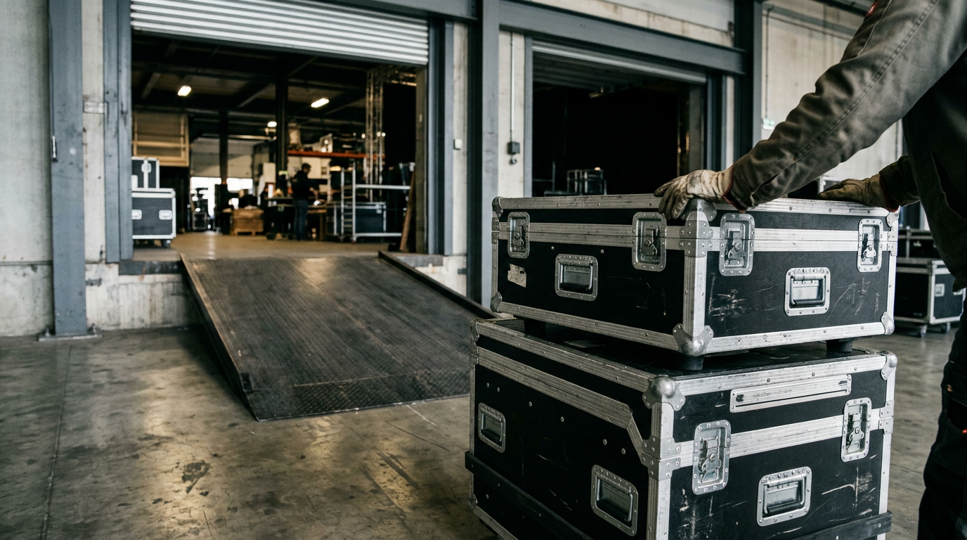Industrial flight cases being moved through a large open loading bay door onto a concrete floor.