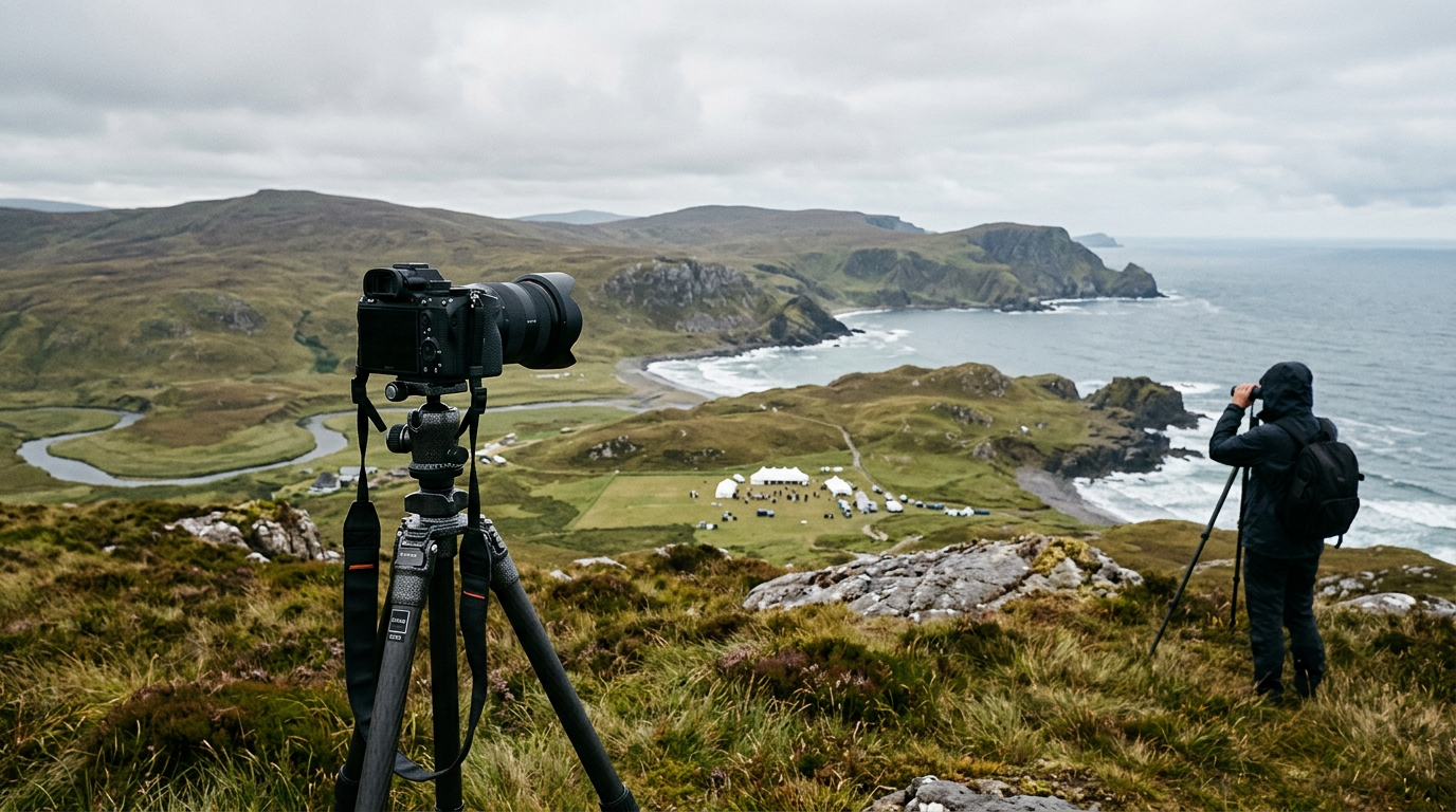 A professional camera on a tripod set up in a rural, open landscape.