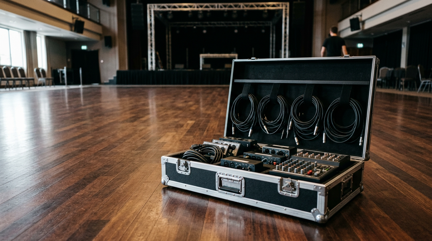An open equipment road case containing neatly coiled audio cables and sound hardware on a polished wooden floor.