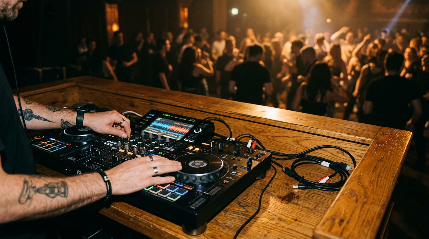 Close-up of a DJ controller console showing an intensifying musical waveform on the screen.