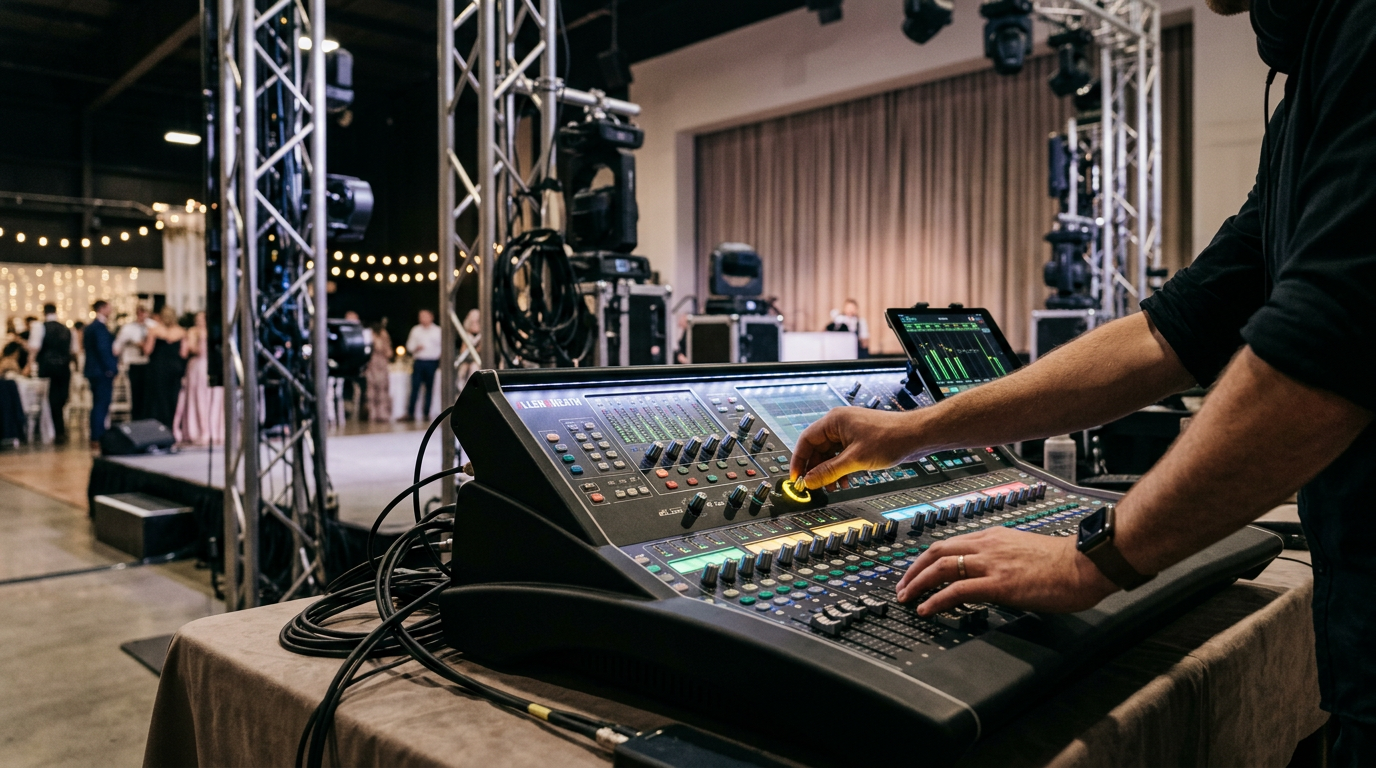 Close-up of a professional sound mixing desk with hands adjusting the controls during a wedding event.
